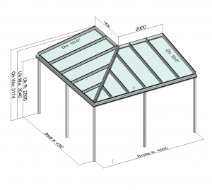 Eck-Terrassendach Perspektive mit Maßen