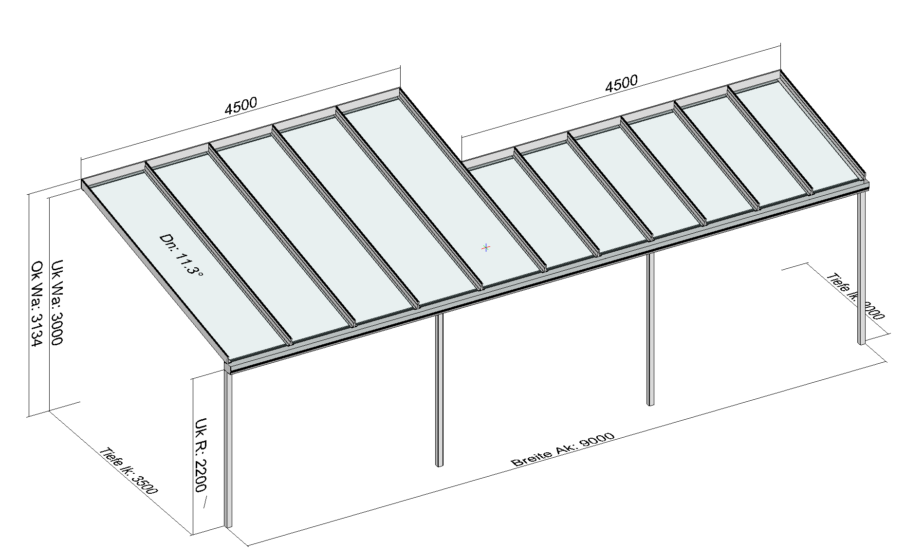 Terrassendach mit Versatz in der Bautiefe wandseitig