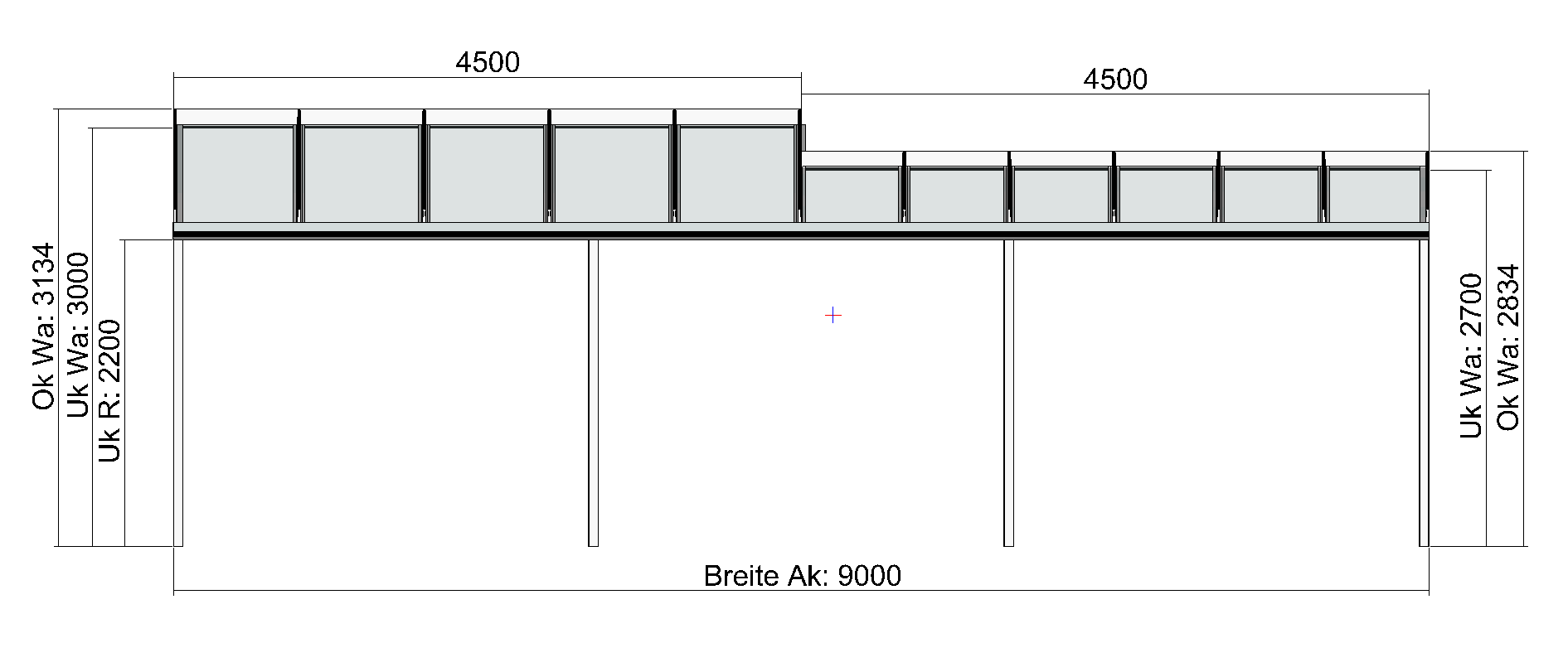 Terrassendach mit Versatz in der Bautiefe wandseitig Vorderansicht
