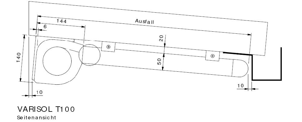 Seitenansicht der T100 Terrassendachbeschattung